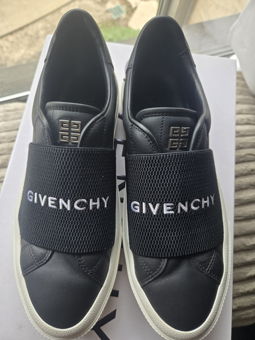 Givenchy Black Leather Slip-On Sneakers with White Logo Strap